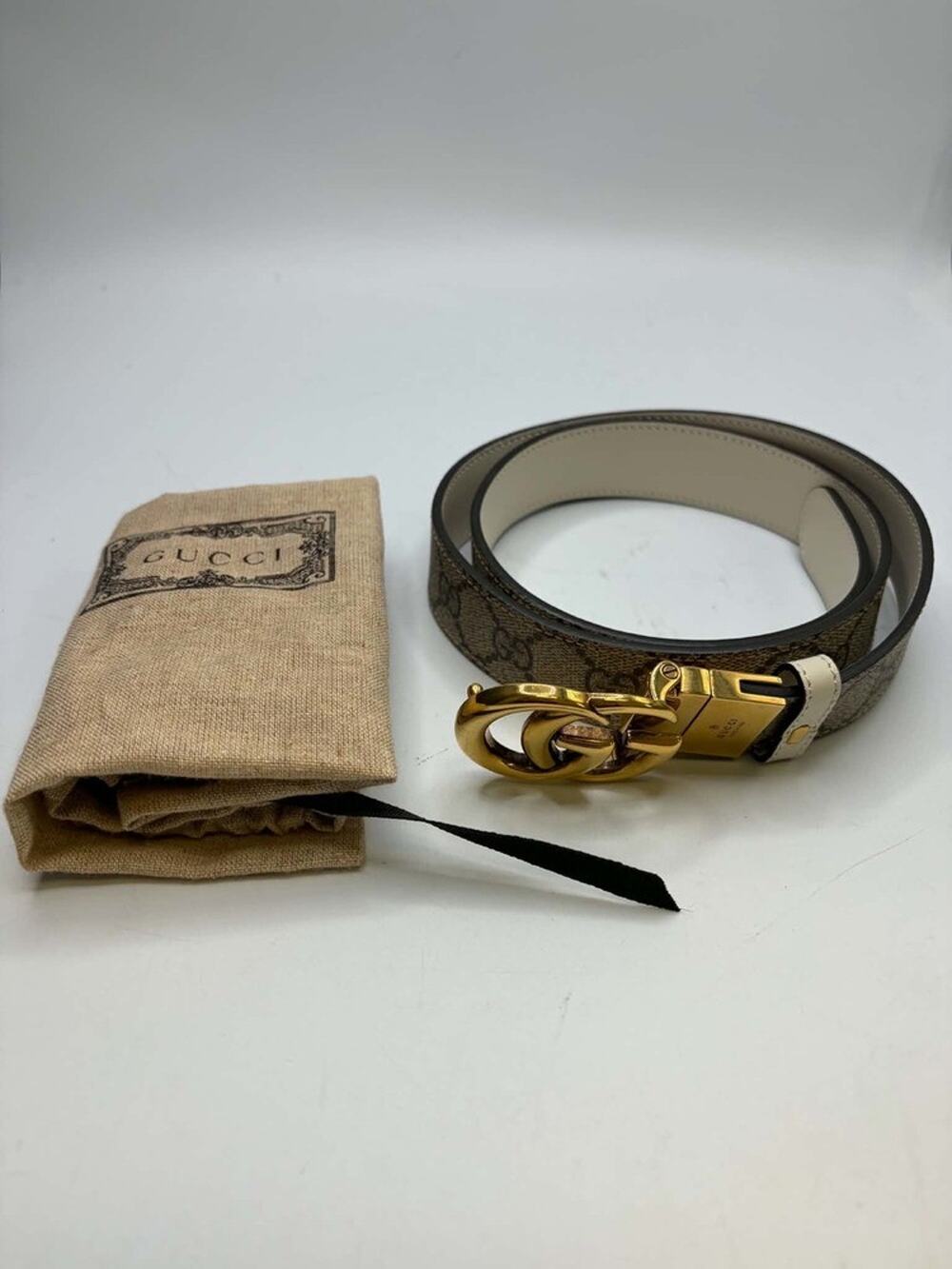 Gucci GG Web Reversible Belt Gold Buckle Womens SZ 34 W/ Dustbag SPB-EB 371722